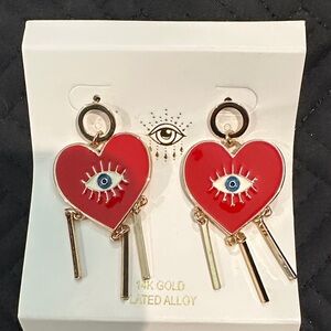 Red Heart Eye Earrings with Gold Accents